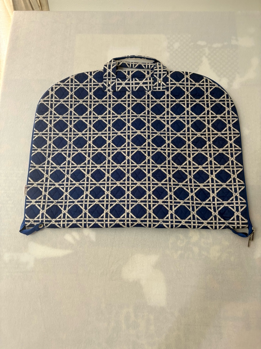 Belvah Quilted Folding Garment Bag Royal Blue White Cane Lattice Travel EUC